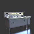 Stainless Steel Commercial Kitchen Appliance With Multiple Cooking Pots And Storage Cabinets