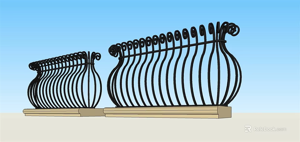 Decorative Iron Fence With Curved Design And Stone Base Against Blue Sky 3d model 