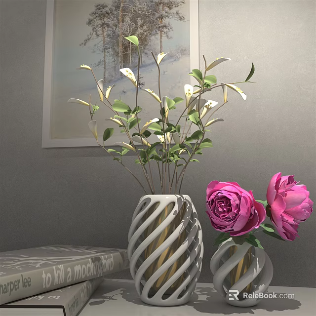 Twisted Design Vases With Pink Peonies Green Leaves And White Flowers On Gray Wall 3d model 