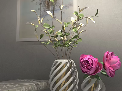 Twisted Design Vases With Pink Peonies Green Leaves And White Flowers On Gray Wall 3d model