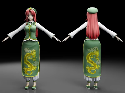 Anime Character With Pink Hair Green Outfit Yellow Dragon Design White Sleeves And Green Hat 3d model