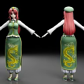 Anime Character With Pink Hair Green Outfit Yellow Dragon Design White Sleeves And Green Hat