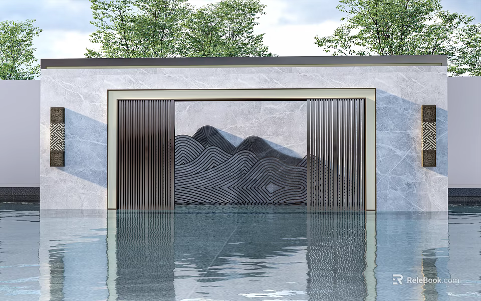 Feature Wall With Wavy Mountain Pattern Metal Strips Stone Background And Water Reflection 3d model