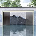 Feature Wall With Wavy Mountain Pattern Metal Strips Stone Background And Water Reflection