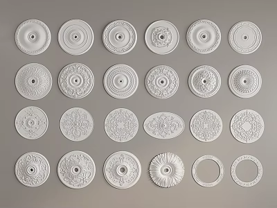 White Ceiling Medallions Featuring Various Intricate Patterns And Designs Arranged On Gray Background 3d model