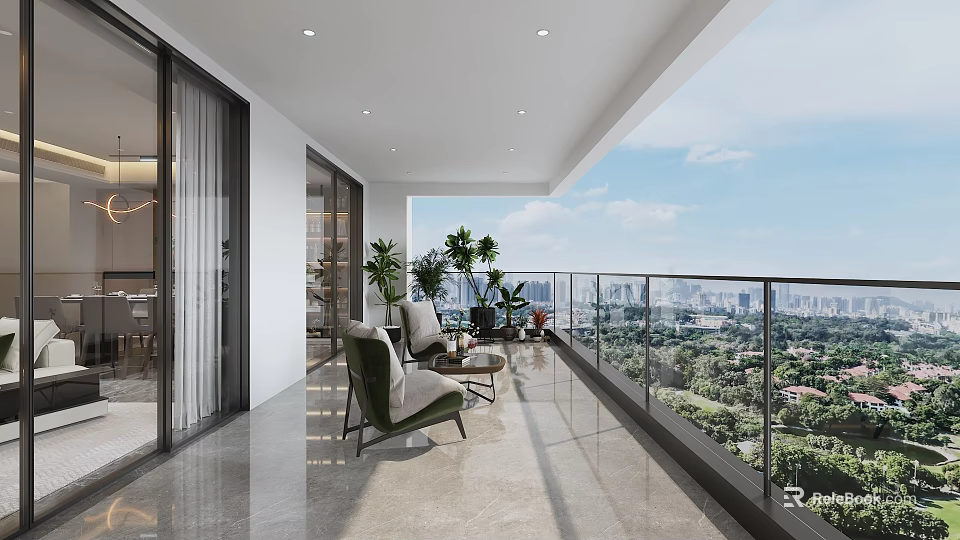 Modern Home Balcony Interior Design With Glass Railing Leisure Chairs Green Plants And City View 3d model 