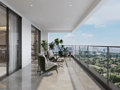 Modern Home Balcony Interior Design With Glass Railing Leisure Chairs Green Plants And City View 3d model