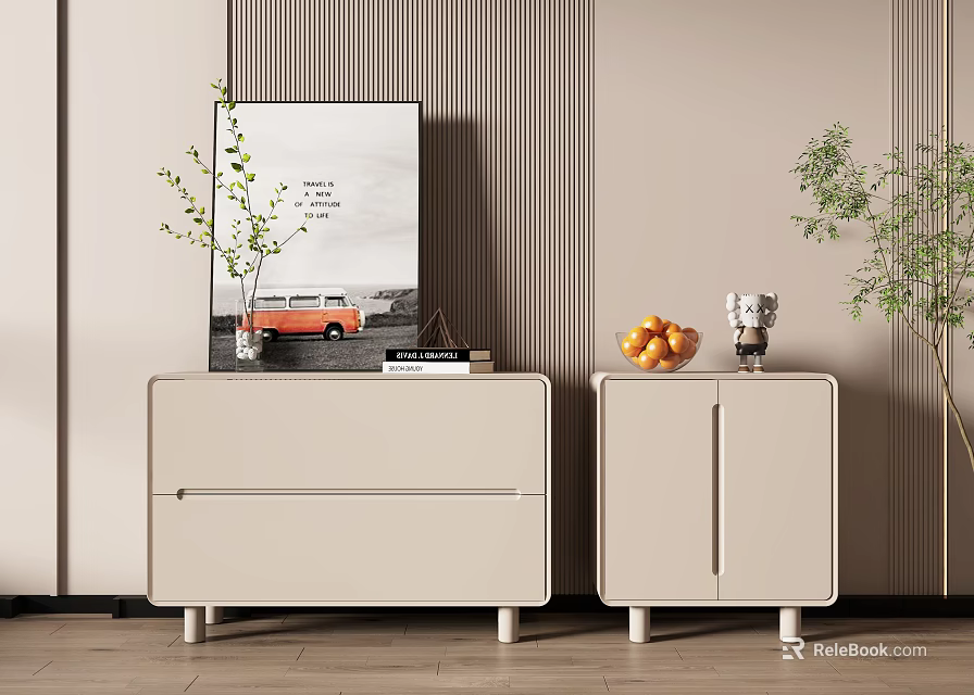 Elegant Modern Entryway Cabinet And Sideboard With Plant Artwork Fruit Bowl And Figurine 3d model 