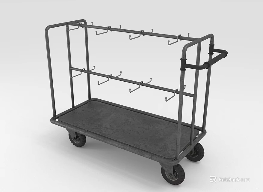 Industrial Metal Utility Cart With Multiple Hooks Platform Shelf And Wheels 3d model 