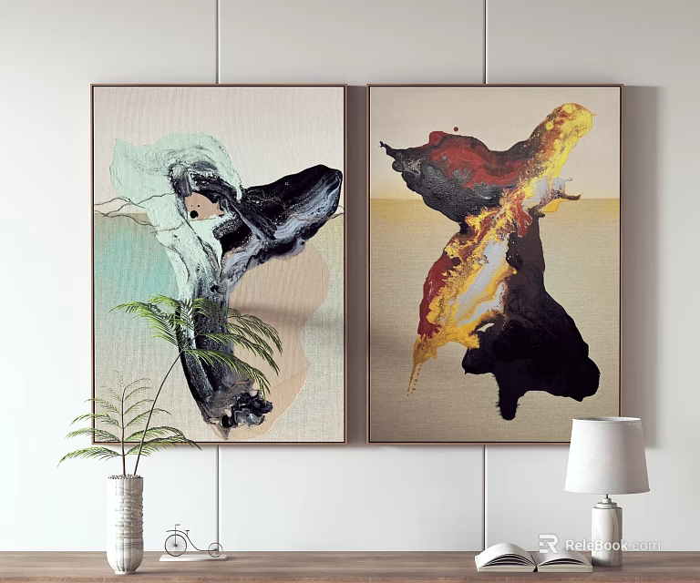 Two Abstract Paintings On Wall With Plant Vase And Decor 3d model 