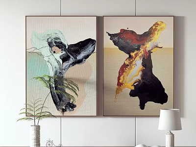 Two Abstract Paintings On Wall With Plant Vase And Decor 3d model