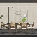Modern Restaurant Interior With Wooden Dining Table Wicker Chairs Pendant Light And Potted Plant