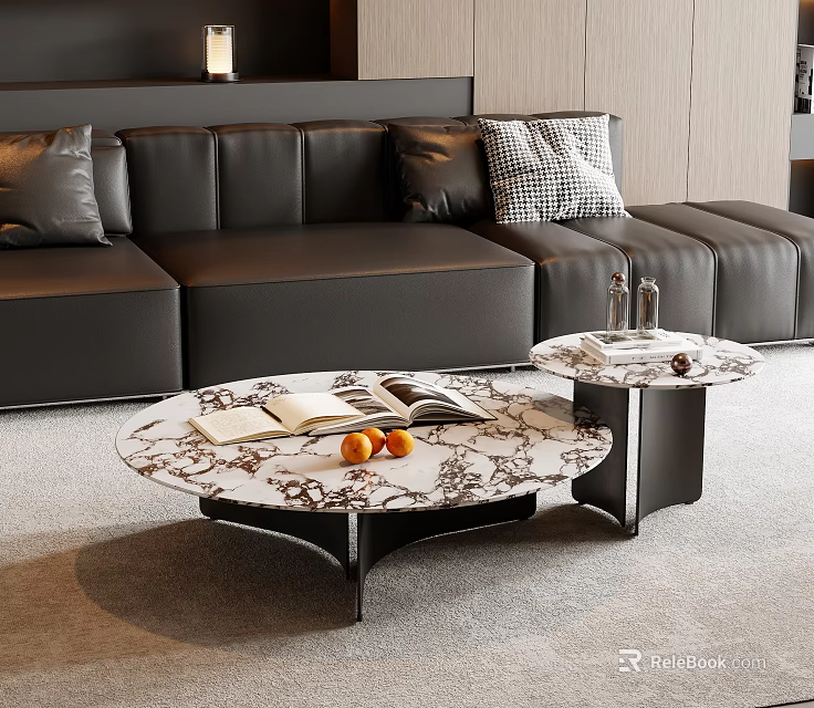 Modern Elegant Marble Coffee Table With Open Books And Oranges And Side Round Table 3d model 