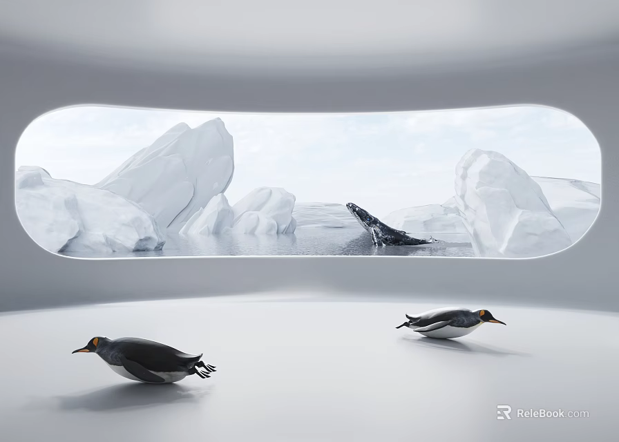Reptile Turtle Moving Through Cold Water Among Icebergs And Penguins 3d model 