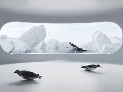 Reptile Turtle Moving Through Cold Water Among Icebergs And Penguins 3d model