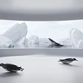 Reptile Turtle Moving Through Cold Water Among Icebergs And Penguins
