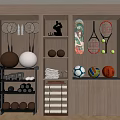 Sports Equipment Organized in Modern Cabinet with Badminton Tennis Rackets Soccer Volleyball Basketball Bowling Balls