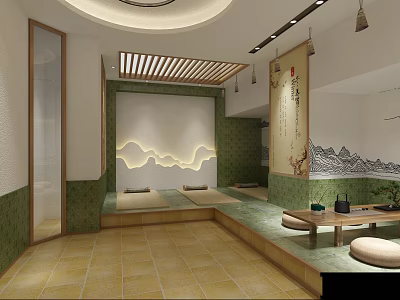 Serene Japanese Style SPA Sauna Interior With Bamboo Grille Landscape Painting And Tatami Seats 3d model