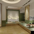 Serene Japanese Style SPA Sauna Interior With Bamboo Grille Landscape Painting And Tatami Seats