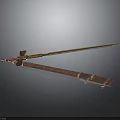 Ornate Decorative Sword With Golden Accents Blue Blade Red Hilt And Brown Leather Scabbard Straps
