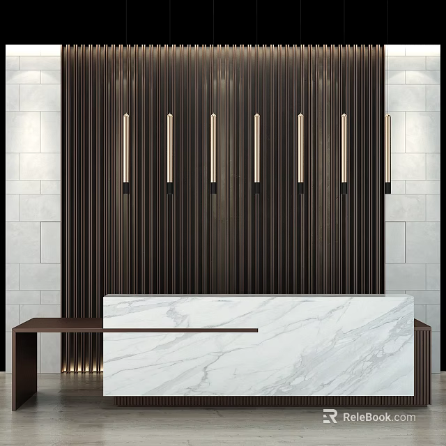 Modern Reception Desk With White Marble Countertop And Dark Striped Backdrop Wall Lights 3d model 