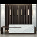 Modern Reception Desk With White Marble Countertop And Dark Striped Backdrop Wall Lights
