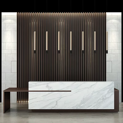 Modern Reception Desk With White Marble Countertop And Dark Striped Backdrop Wall Lights 3d model