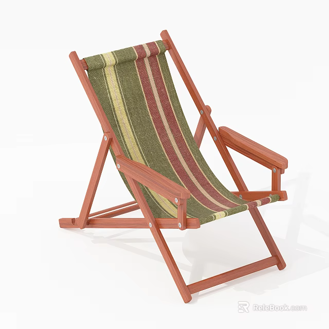 Foldable Wooden Frame Lounge Chair With Green Yellow Red Striped Fabric 3d model 