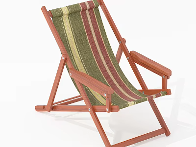 Foldable Wooden Frame Lounge Chair With Green Yellow Red Striped Fabric 3d model