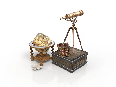 Vintage Globe With Wooden Stand Telescope On Tripod And Wooden Box With Paper 3d model