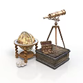 Vintage Globe With Wooden Stand Telescope On Tripod And Wooden Box With Paper