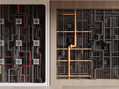 Modern Industrial Ceiling Design With Red Golden Black Pipes And Structural Layout 3d model