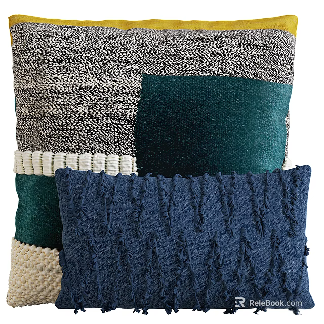 Cozy Textured Patchwork Pillow With Blue Green Gray And Cream Woven Fabrics 3d model 