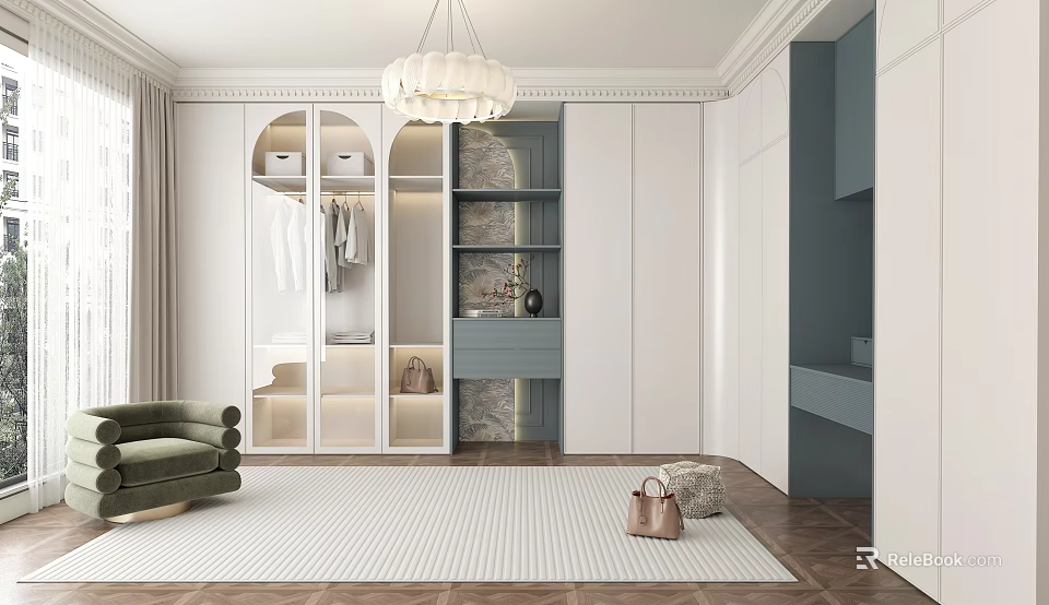 Modern Walk In Closet Interior With White Cabinets Glass Doors And Chandelier 3d model 