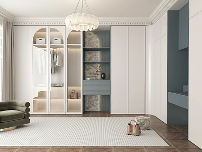 Modern Walk In Closet Interior With White Cabinets Glass Doors And Chandelier 3d model