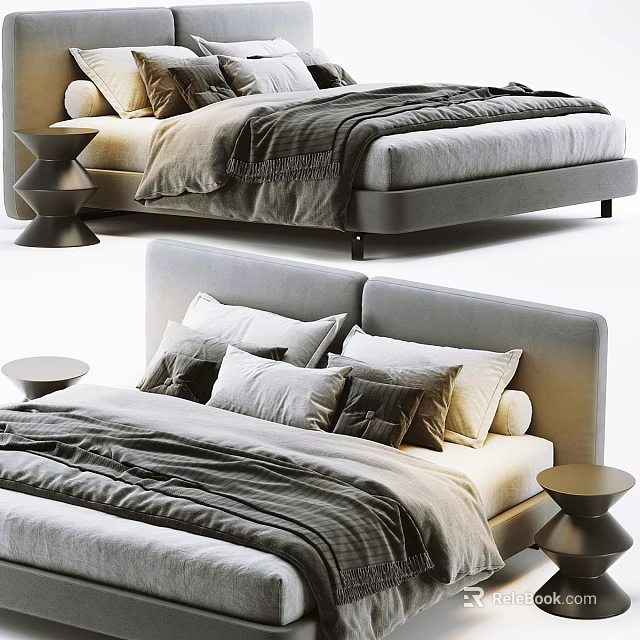 Modern Double Bed Interior With Plush Pillows Cozy Bedspread And Stylish Nightstand 3d model 