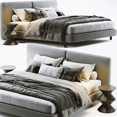 Modern Double Bed Interior With Plush Pillows Cozy Bedspread And Stylish Nightstand 3d model