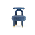 Elegant Blue Velvet Single Seater Sofa With Round Seat Curved Armrest And Gold Legs