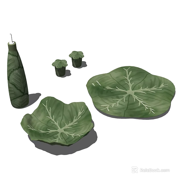 Green Leaf Shaped Tableware Set With Plates Cups And Candle Holder 3d model 
