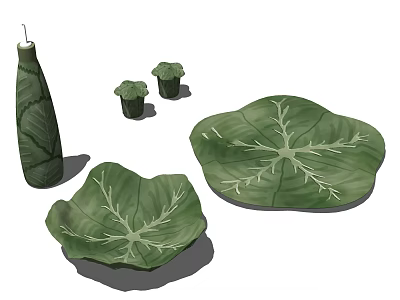 Green Leaf Shaped Tableware Set With Plates Cups And Candle Holder 3d model