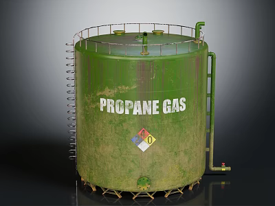 Green Propane Gas Storage Tank With Safety Sign And Metal Ladder Structure 3d model