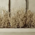 Light Beige Rectangular Planter with Light Colored Flowers Against Wall with Vertical Dark Lines