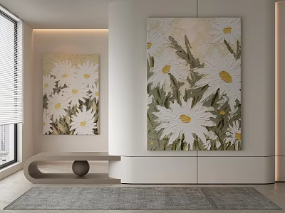Modern Home Interior Featuring White Daisy Paintings As Wall Art Decor 3d model