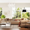 Modern Living Room Interior Design With Beige L shaped Sofa Crystal Chandelier And Large Windows