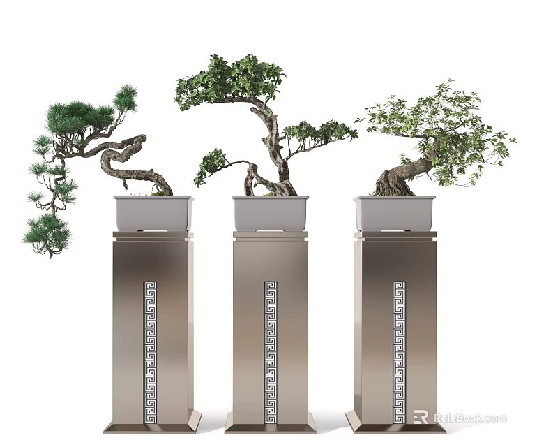 Three Bonsai Plants On Silver Pedestals With Elegant Design And Lush Foliage 3d model 
