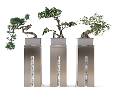 Three Bonsai Plants On Silver Pedestals With Elegant Design And Lush Foliage 3d model