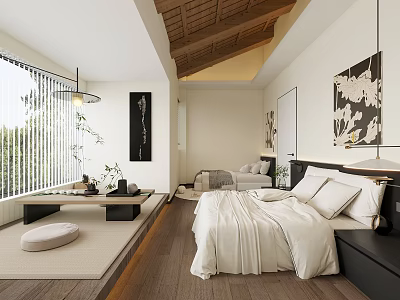Serene Hotel Guest Room With Wooden Ceiling Large Windows White Bedding And Decorative Paintings 3d model