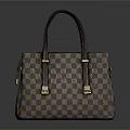 Stylish Brown Checkerboard Pattern Leather Handbag With Golden Metal Buckles And Handles