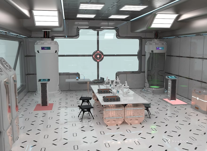 Cartoon Scene of Futuristic Control Room With Metallic Walls Large Windows White Table Black Chairs And Screens 3d model 