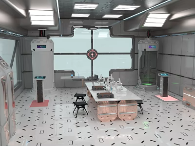 Cartoon Scene of Futuristic Control Room With Metallic Walls Large Windows White Table Black Chairs And Screens 3d model